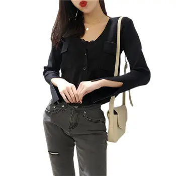 

Short Korean Knitted Cardigans Woman 2019 Spring New Casual Blouses Tops Plus Size V-neck Long Sleeve camisa de malha f218