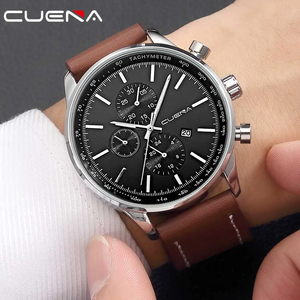 

CUENA Fashion Sports Men Watches Top Brand Luxury Leather Waterproof Quartz Wristwatches Relojes Hours Clocks Relogio Masculino