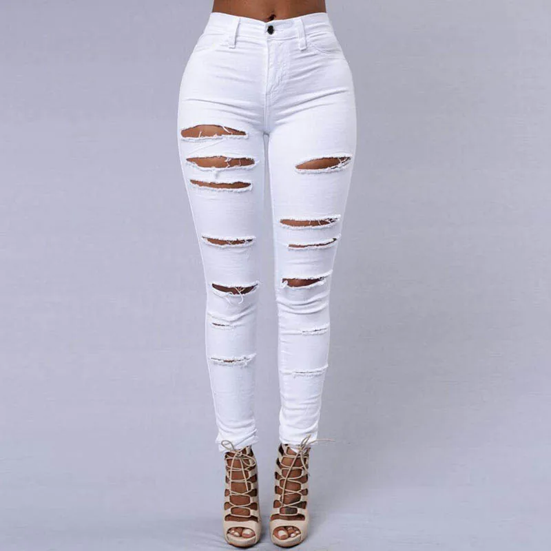 

Comfortable Womens Summer Destroyed Ripped Hole High Waist Stretch Skinny Jeans Black/White