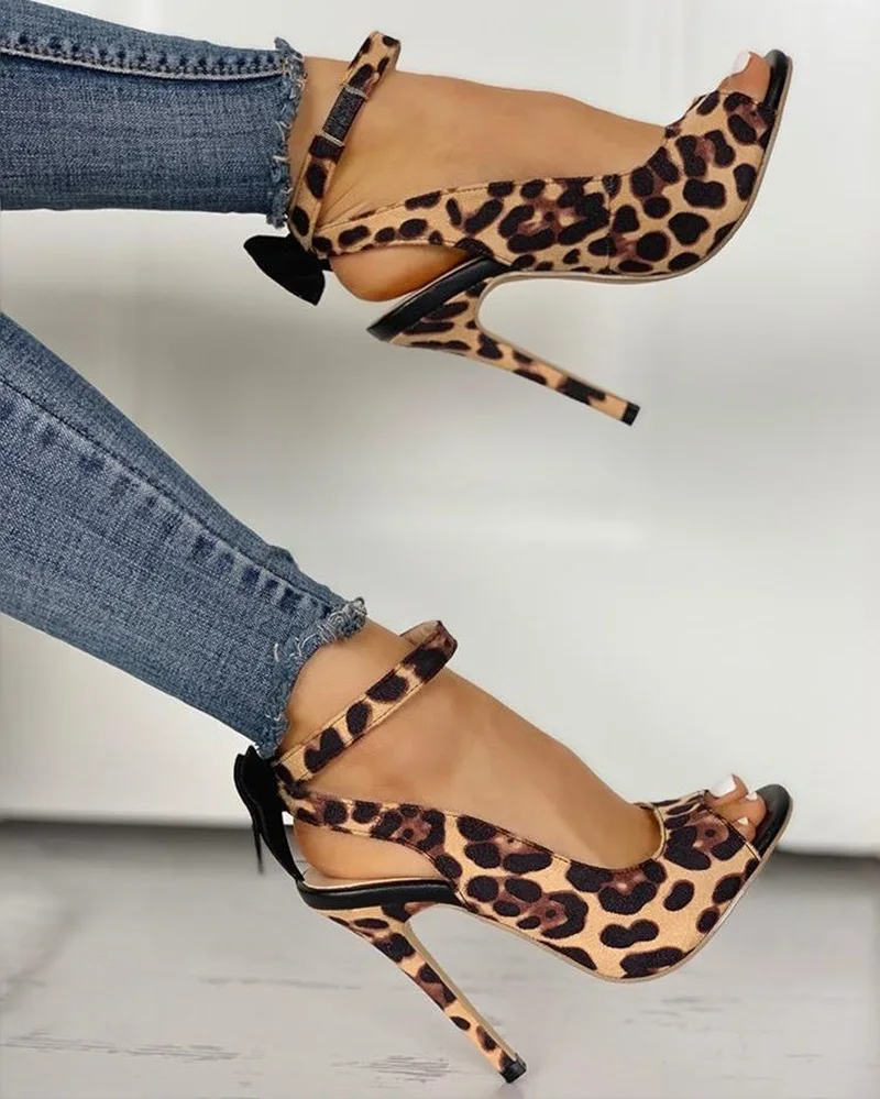 

Fashion Leopard Bow Detail Thin Heeled Sandals Woman Ankle Strap Open Toe Slingback Party Dress Pumps Gladiator T Stage Shoes