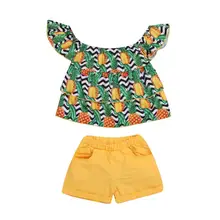 Модная детская одежда для маленьких девочек Футболка с принтом ананаса топы с каскадными оборками и шорты комплекты одежды для девочек из 2 предметов