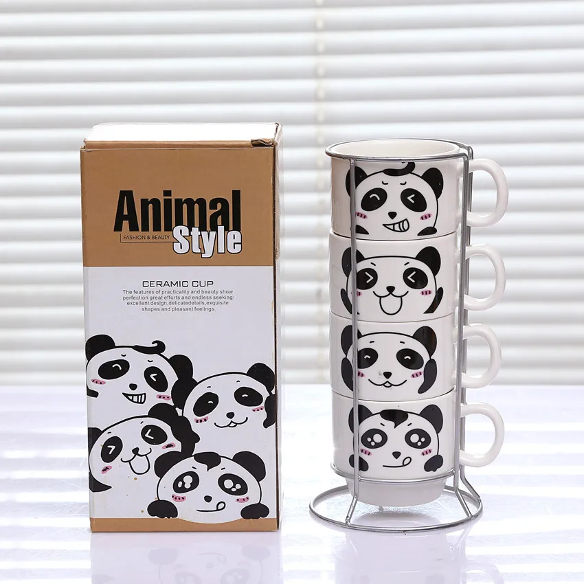 

4pcs/set Panda Cup Bone China Coffee Mugs Kitchen Drinkware Christmas Gift with Steel Rack Cartoon Mugs Tea Milk Cups