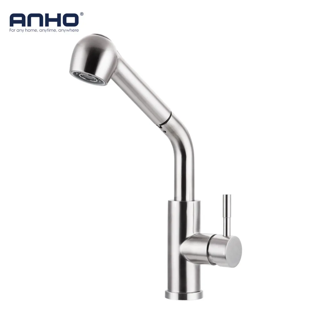 

ANHO Kitchen Faucet Stainless Steel Water Mixer Tap Cold and Hot Pull Out Sink Faucet Stand Swivel 360 Degree Two modes Silver