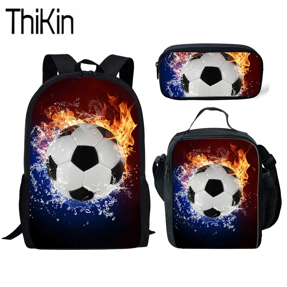 

THIKIN 3pcs School Bags Set for Kids Foot Ball 3D Printed Schoolbag Children Lunch Box&Pencil Bag Boys Primary Book Bags Satchel