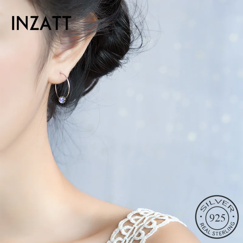 

INZATT 100% 925 Sterling Silver Geometric Round Crystal Hoop Earrings For Women Party Gold Color Fine Jewelry Cute Accessories
