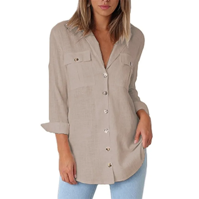 Женская однотонная блузка с длинным рукавом, повседневные блузки, топы для офиса, отложной воротник, блузка на пуговицах, туника с карманами, женская блуза XXL - Цвет: Khaki