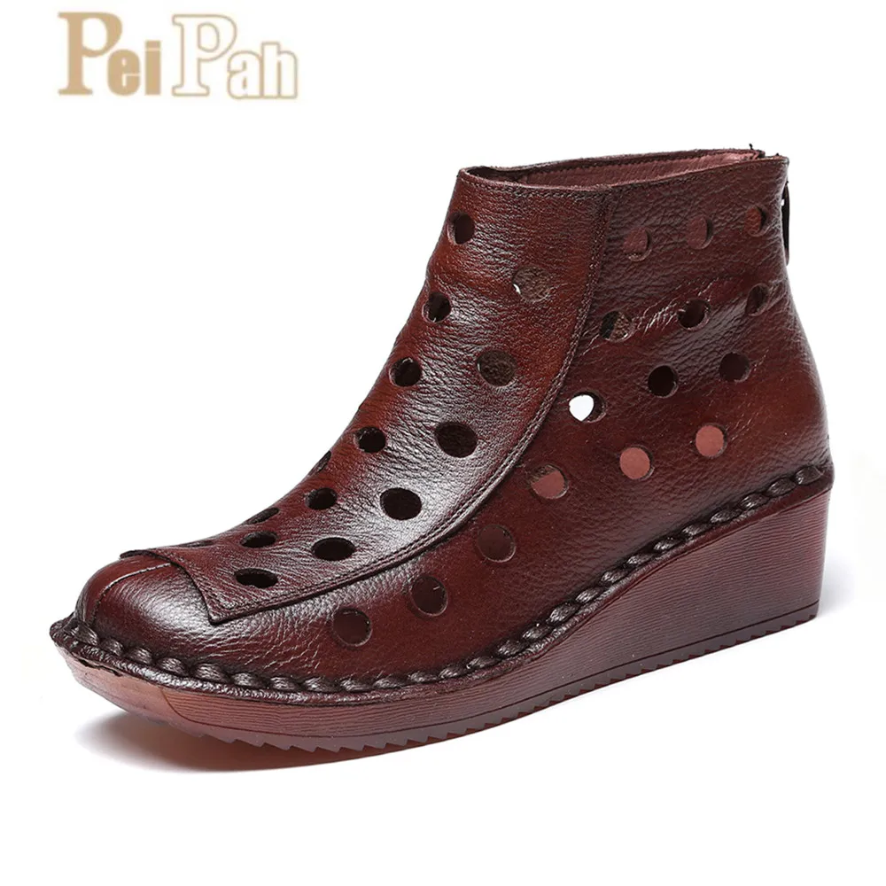 

PEIPAH 2019 Spring Genuine Leather Hollow Women Shoes Casual Ladies Flats Shoes Retro Ethnic Wind Hole Sandals Chaussure Femme