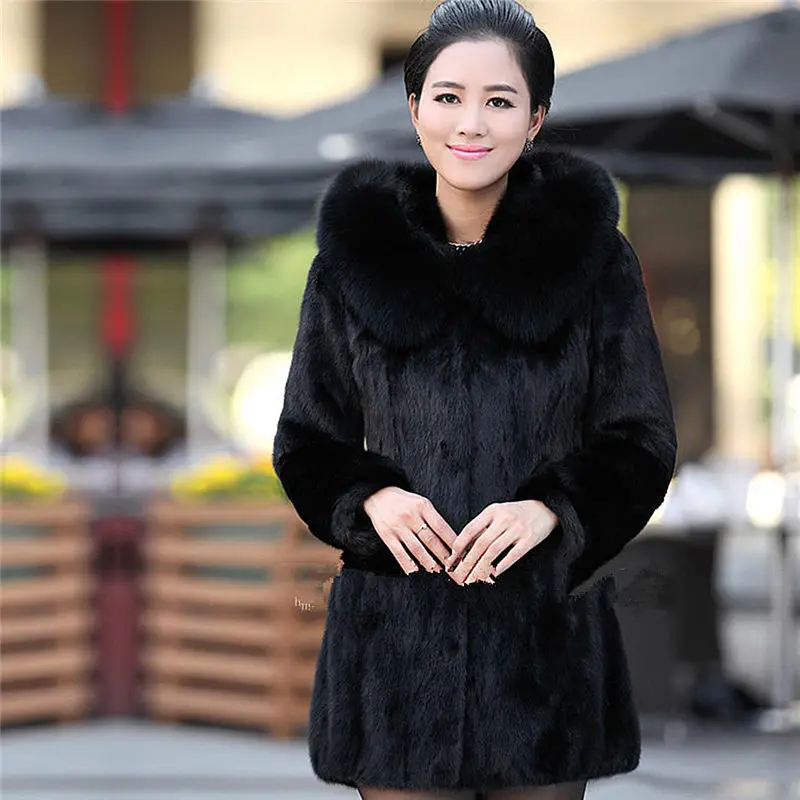 Women Winter Hooded Fake Fur Coats Plus Size Vintage Artificial Black