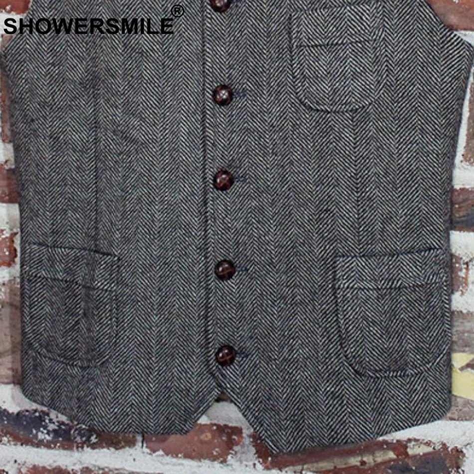 SHOWERSMILE Tweed Waistcoat Men Gray Herringbone Vests Male Vintage Slim Fit Gilet Pockets Autumn Winter Retro Sleeveless Jacket