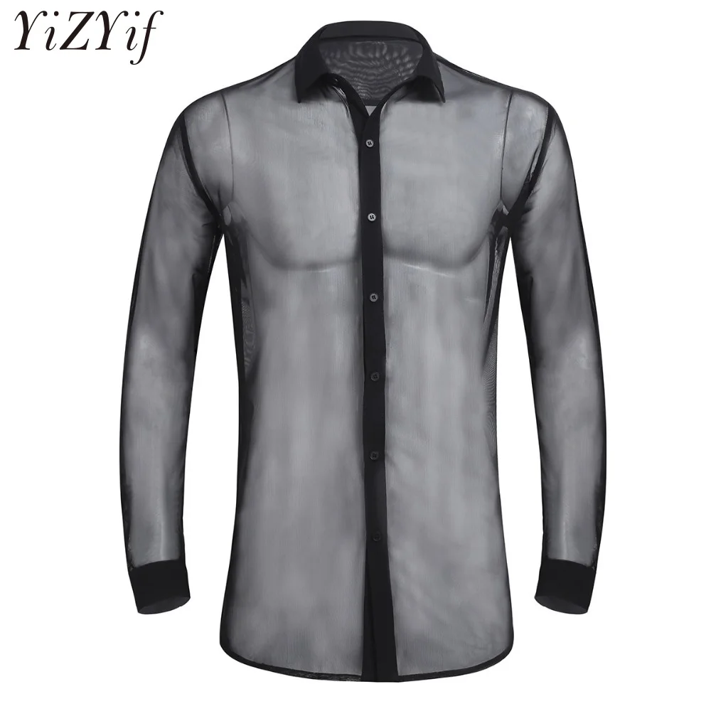 

YiZYiF Mens Fashion Transparent Long Sleeve T Shirt Clubwear Turn-down Collar Soft Top Shirt Club Evening Party Wet Look Shirts
