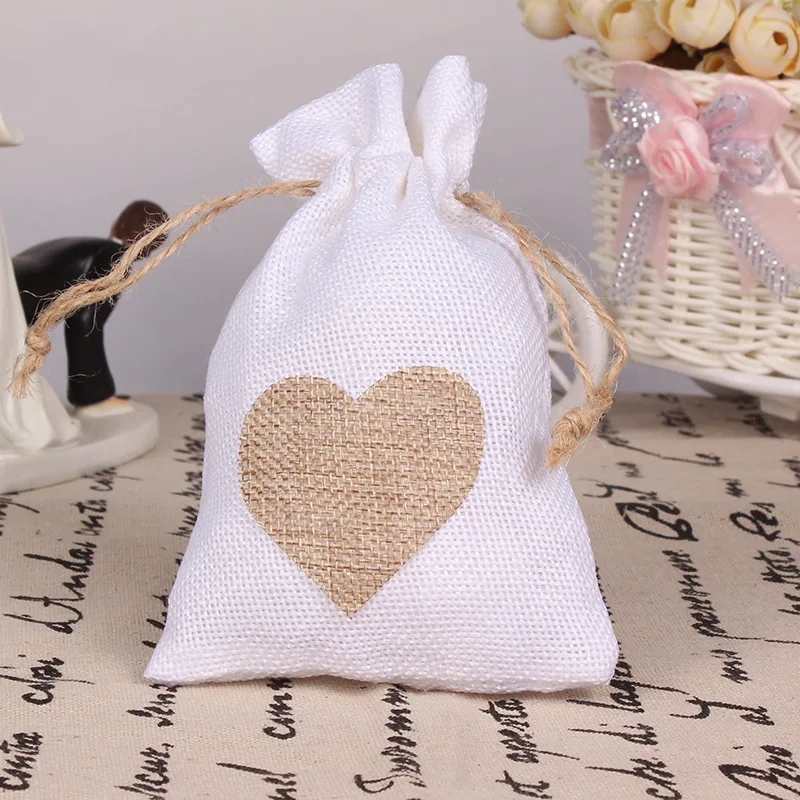 Модные Белые натуральные льняные сумки на шнурке для свадебных подарков в форме сердца, свадебные подарочные сумки, сумка для ювелирных изделий(набор из 12 - Цвет: Style B