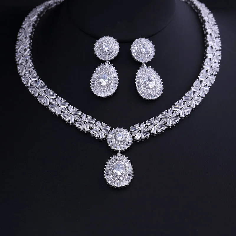 

Luxury white gold-color Elegant Shape Bridal Cubic Zirconia Necklace Earrings Sets Big Wedding Jewelry Sets For Brides