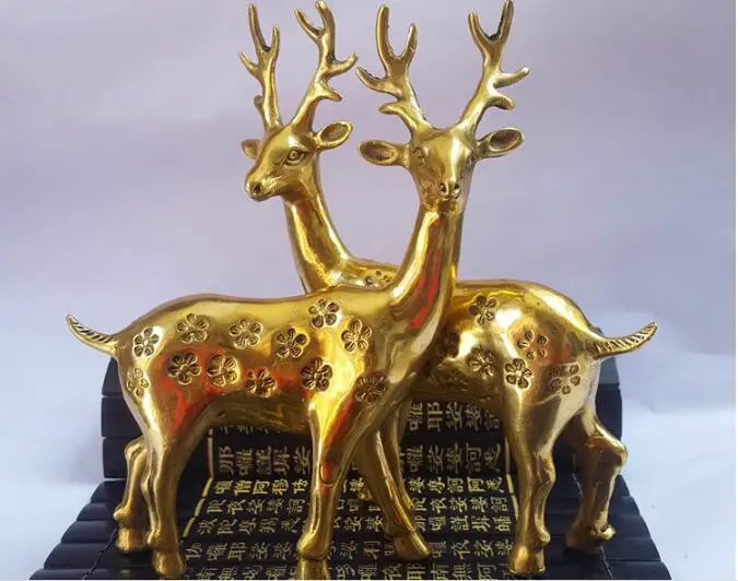 

Free shipping 100% brass carving a pair of Sika Deer sculpture animal ornaments 18 cm high