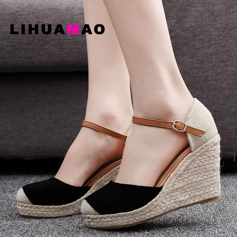 

LIHUAMAO Summer women wedges sandals ankle strap platform Espadrilles shoes casual fashion Bohemia beach sandals 9cm heel height
