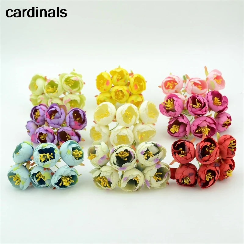 

6 pcs Silk Simulation Cloth Roses Tea Bags Stamen Artificial Flowers DIY Crown Flower Crafts Wedding Gift Box Ball Decoration