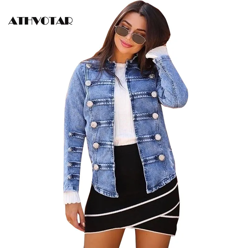 

ATHVOTAR Vintage Denim Jacket Summer Jacket Female Double Breasted Mandarin Collar Jackets Blue Jean Jackets Plus Size Clothing