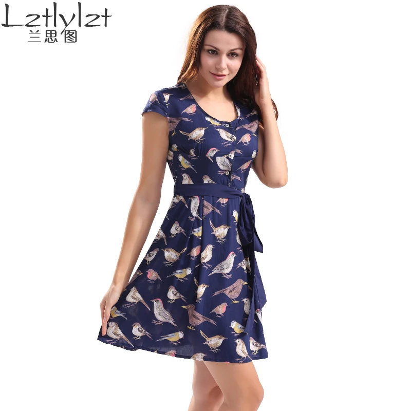 2017 пляжное платье Свадебные птица печати Повседневная feminino Vestidos с круглым