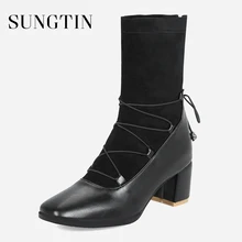 

Sungtin 2018 Fashion Lace Up Punk Ankle Boots Women Flock Leather High Heel Boots Autumn Winter Female Booties Black Large Size