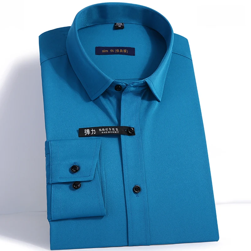 

Excellent Quality 2018 New long sleeved turn down collar bamboo fiber elastic slim fit mens dress shirts without front pocket