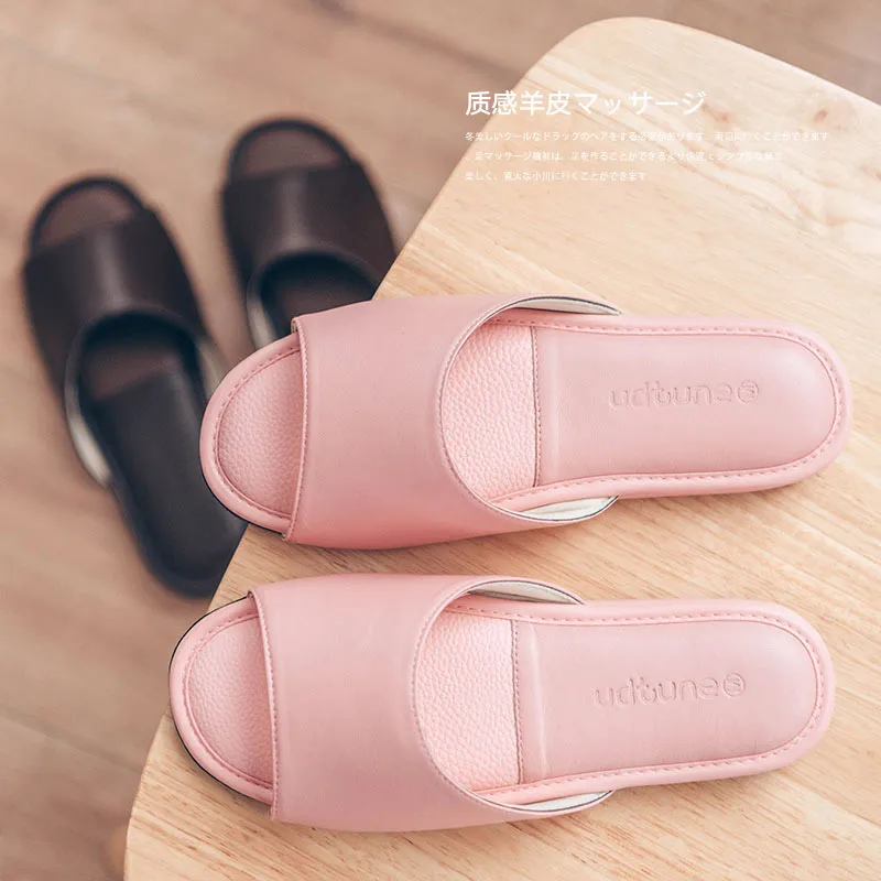 

100% sheepskin slippers women shoes peep-toe slides non-slip soft bottom indoor shoes genuine leather luxury slippers