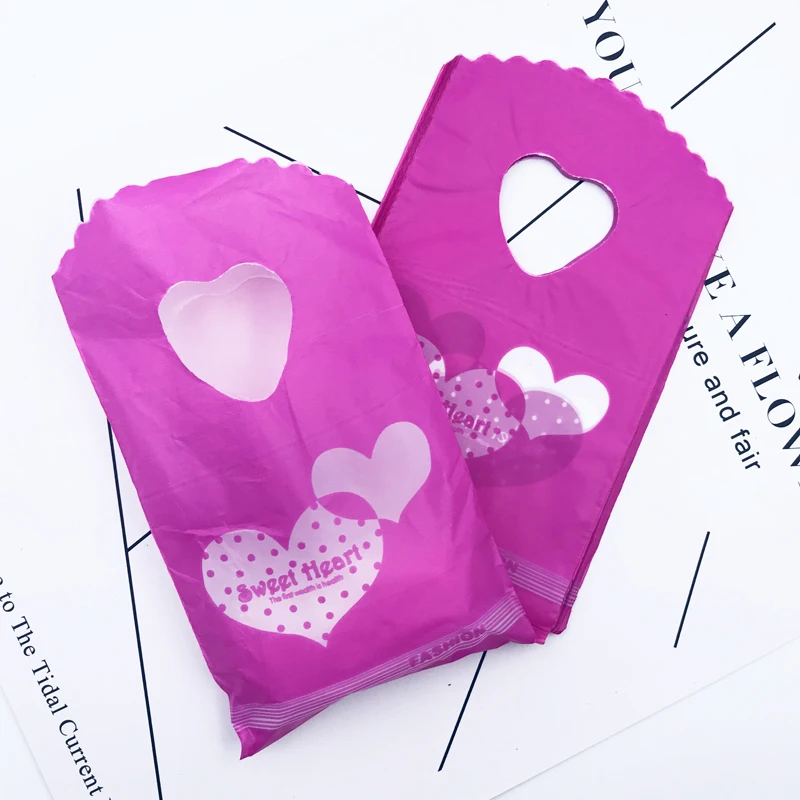 Mini 9x15cm Boutique Gift Packaging Bag Hot Pink Sweet Heart Print Plastic Bag Packaging Bags ...