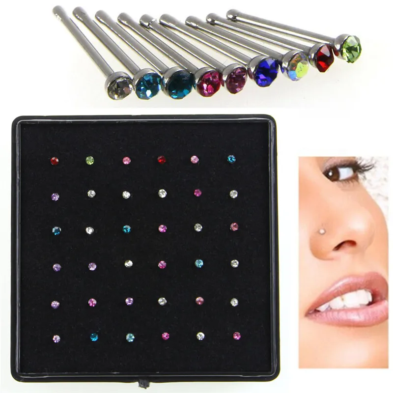 36Pcs/Pack New Nose Ring Studs Crystal Rhinestone Bulk Bone Straight