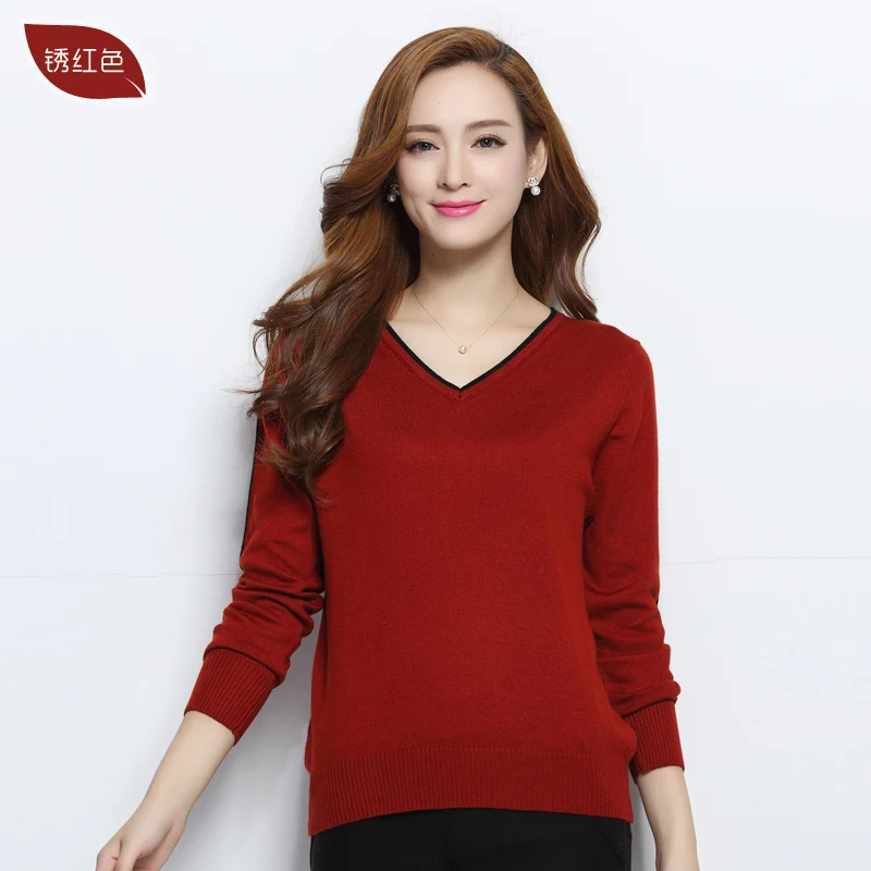

Promotion Female short wool sweater Pullover Sweater slim V collar black edge shirt Knit Cashmere Wool long sleeve 14 colour