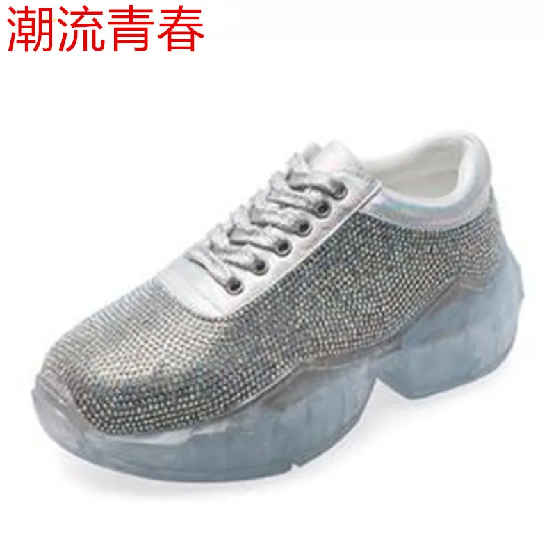 

Women New female water drill sneaker transparent shoe crystal thick bottom recreational shoe small Silver shoes size 35-39