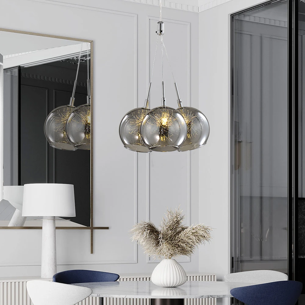 

Modern stainless steel chandelier lighting gray clear glass ball shape chandeliers for dining living room indoor lights fixture