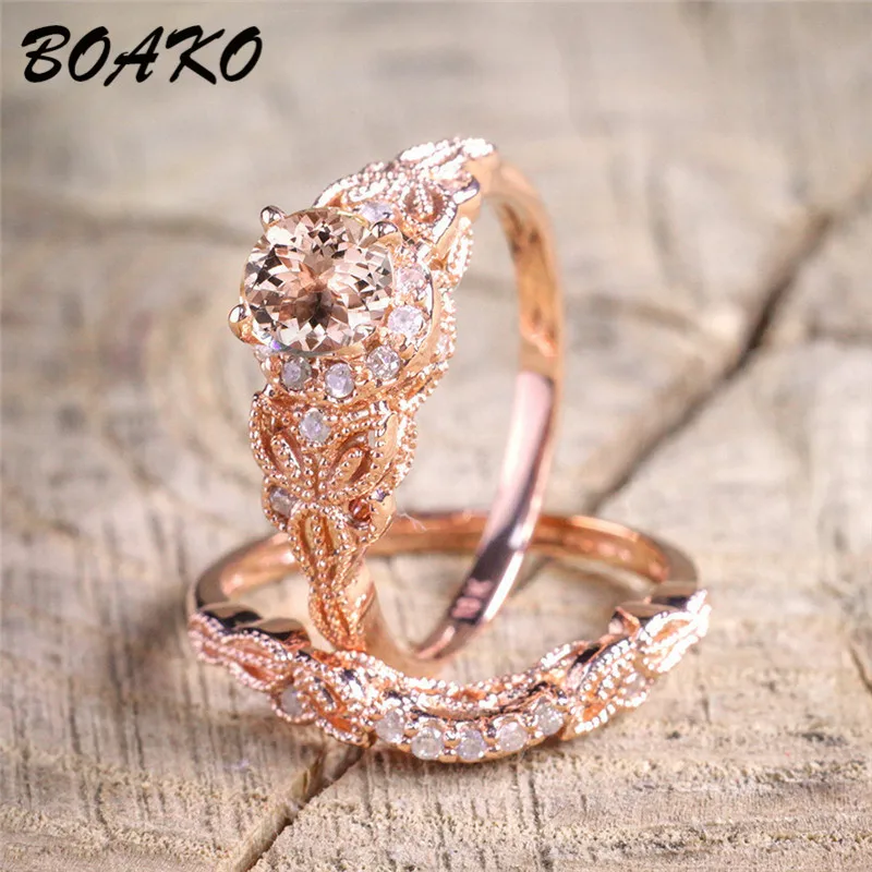 

BOAKO 2Pcs/Set Female Crystal Wedding Rings Set Rose Gold Promise Engagement Ring For Women Bridal bague Jewelry anillos mujer