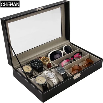 

Multi-functional PU leather 6+3 Grid Watch Sunglass Jewelry Display Storage Box Holder choker Ring necklace