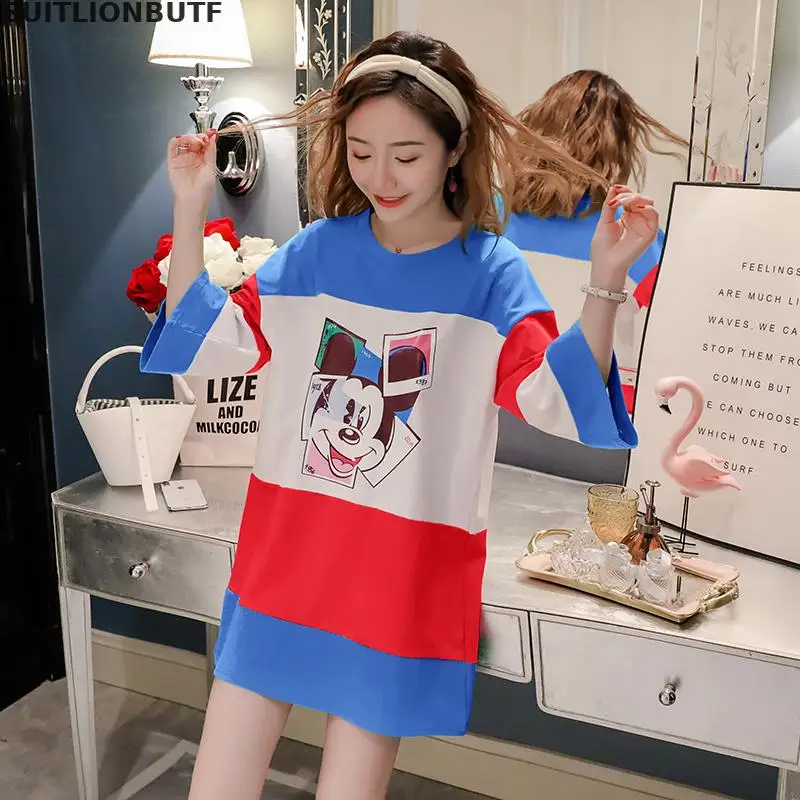 

M-2xl Women Cotton Summer Dress Fashion Color Matching Mickey Mouse Print Dress Loose Casual Women dresses