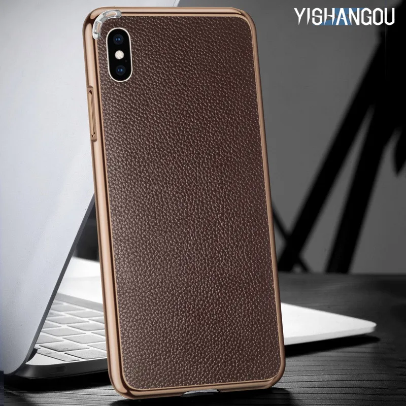 

Luxury Genuine Leather Litchi Back Stickers Case For iPhone XS Max XR X Metal Frame Protective Cover For iPhone X 6 6S 8 7 Plus