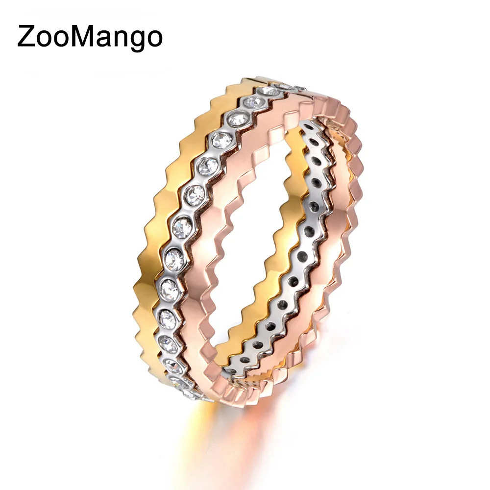 

ZooMango Original Design Romantic 3 In 1 Engagement Rings For Lovers Titanium Steel 3 Gold Color Wedding Ring Jewlery ZR17144
