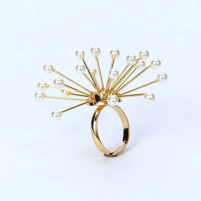 SRCOI, имитация жемчуга, фейерверк, цветок, кольца для женщин, преувеличены, нежный золотистый цвет, женские вечерние, свадебные, регулируемые, открытые кольца - Цвет основного камня: Gold