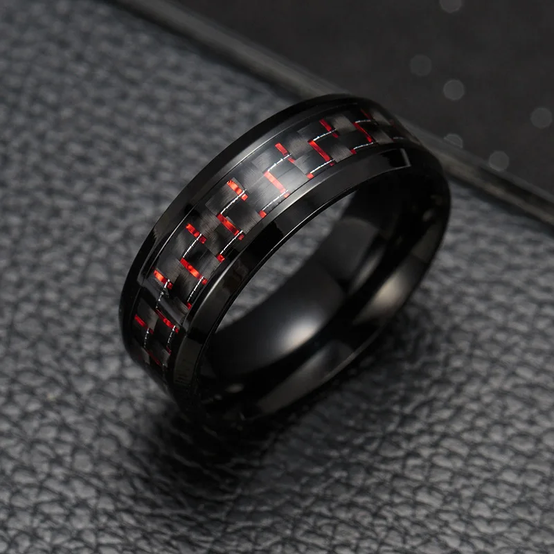 2019 Titanium Steel Black Carbon Fiber Rings Fashion Red Blue Ring Anel Masculino Mens Cool Jewelry