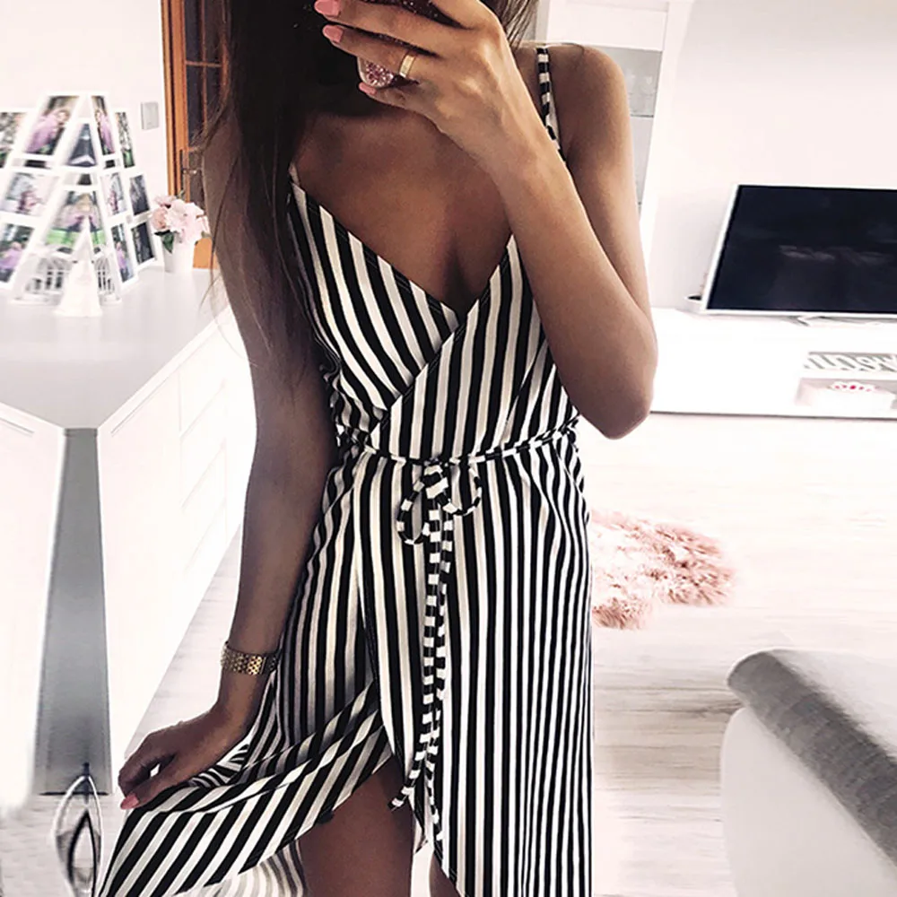 

Women Asymmetry Stripe Printing Sleeveless Off Shoulder Evening Party Vest Dress