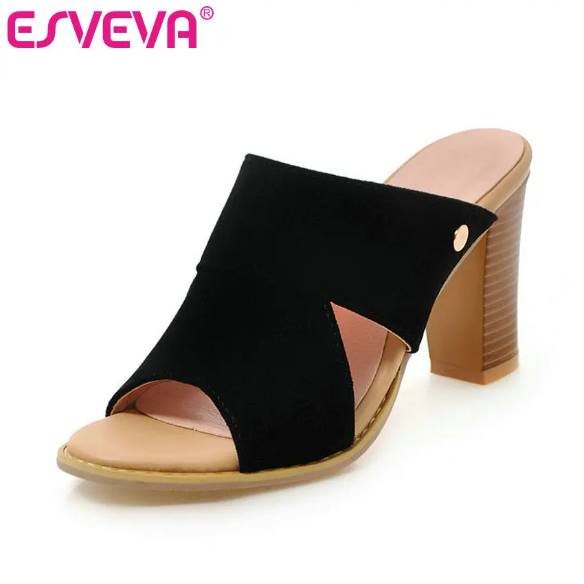 

ESVEVA 2019 Women Sandals Flock Summer Round Toe Slingback Elegant Square High Heel Slip On Women Pumps Size 34-43