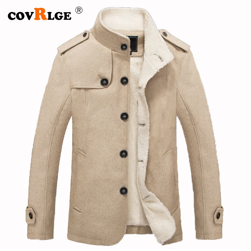 

Covrlge Mens Plus velvet Solid color Jacket 2019 Winter Single-breasted Stand Collar Slim Coat Thick warm outwear M-3XL MWJ148