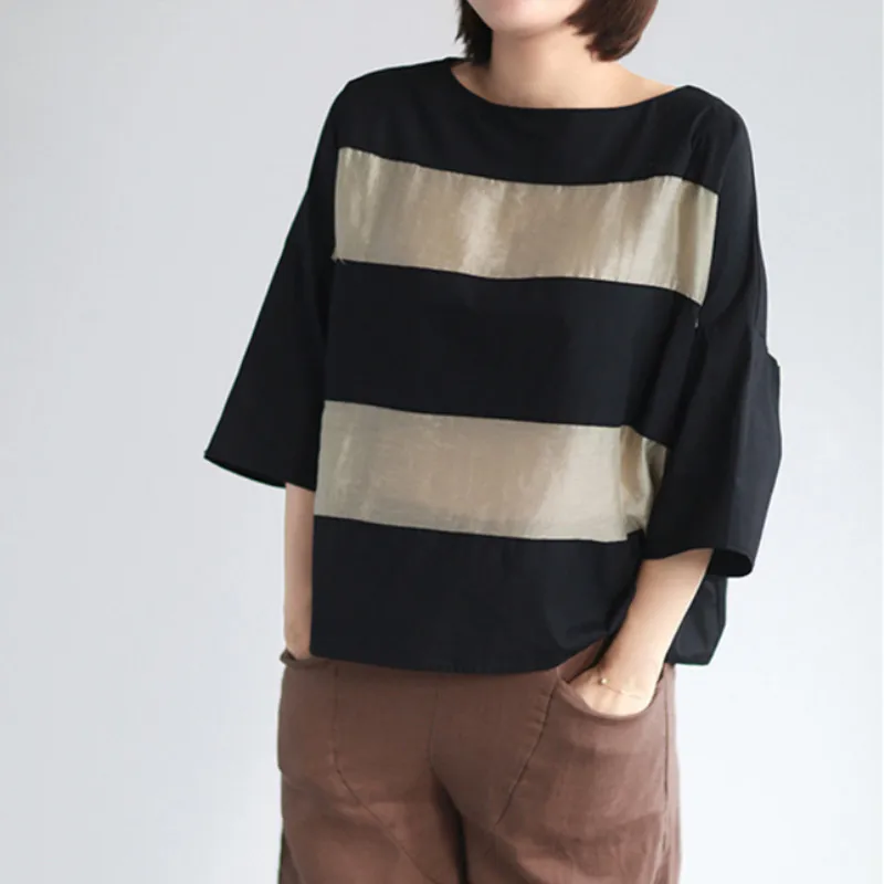 

Johnature New Casual Loose Plus Size Linen Female o-neck Three Quarter Sleeves Striped T-shirt 2019 Spring Women T-Shirts