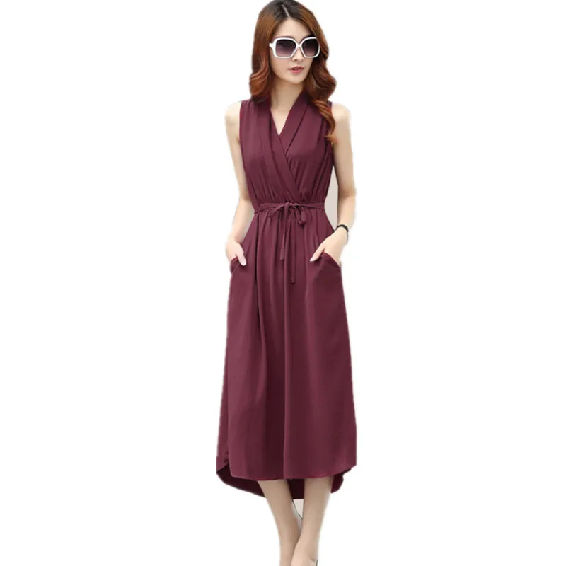 

Summer Ladies Chiffon Tank Dresses V-Neck Sleeveless Sundress Elegant OL Boho Maxi Office Dress Lace Up Vestido Long Dress C3244