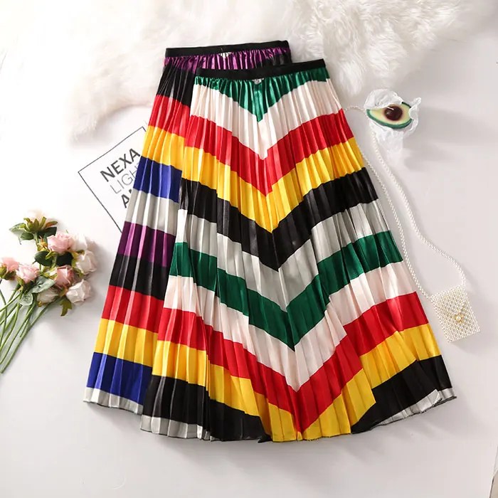 Летние длинные плиссированные юбки женские винтажные в полоску, с высокой талией юбка с подкладкой Красочные линии Jupe женские юбки Mujer Moda