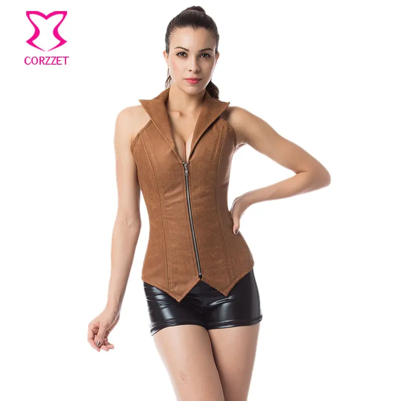 

Brown Leather Halter Collar Zipper Steel Boned Corsets Plus Size Corset Steampunk Clothing Burlesque Sexy Korsett For Women
