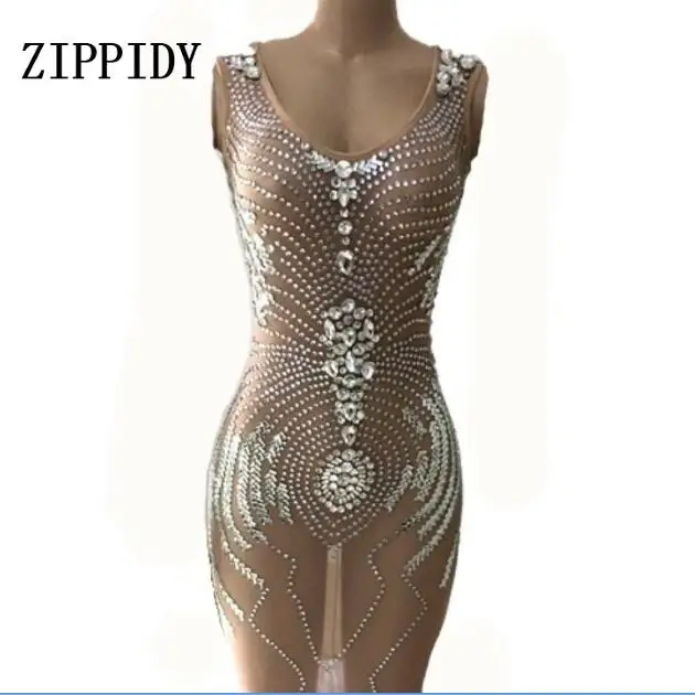 

Glisten Silver Stones Perspective Mesh Nude Dress Female Singer Outfit Women's Birthday Party Wear 2 Style Sexy Nightclub Dress