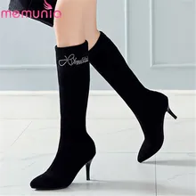 MEMUNIA/ г. Новые черные сапоги до колена женские осенние сапоги с острым носком без застежки на высоком каблуке женские эластичные чулки