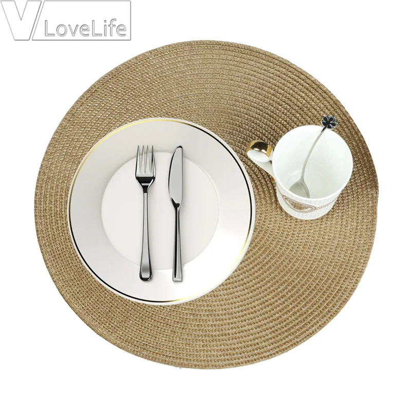 Table Round Placemat Weave PP Dining Napkin Mats Bowl Pad Hotel Cutlery Table Decoration Tray Mat Braided Style Placemat - Color: Brown