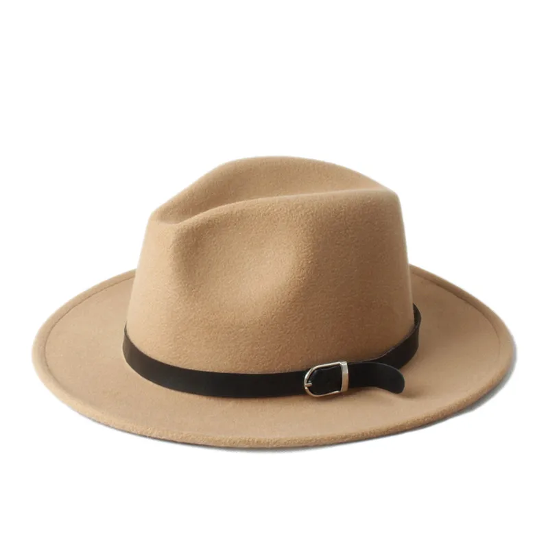 Новая мода Мужские Женские Chapeu Feminino Fedora Шляпа с широкими полями кожаный ремешок Джаз церковная Кепка Панама Федора топ шляпа от солнца 20 - Цвет: Khaki