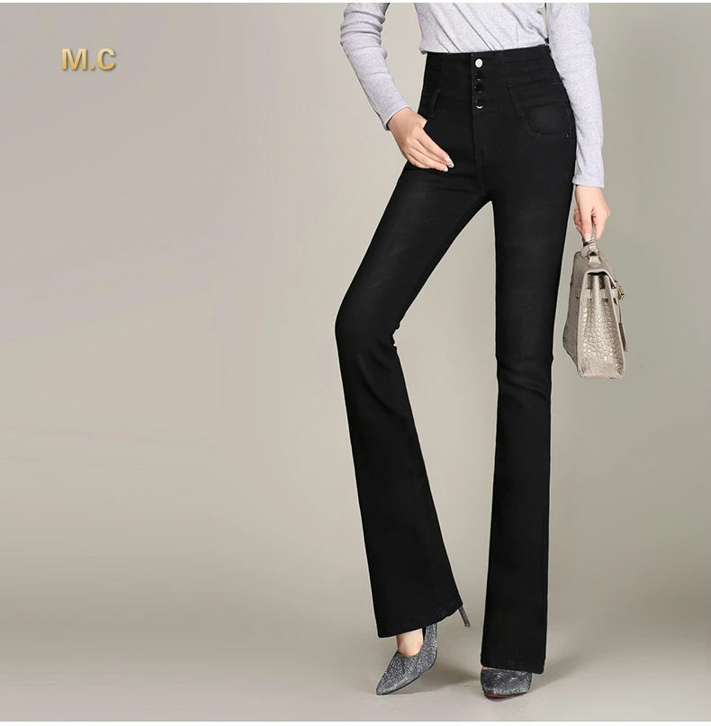 Джинсы из хлопкового микса, джинсовые повседневные обтягивающие расклешенные брюки для женщин, плюс размер, черный, синий, Корректирующее белье с высокой талией на пуговицах, осень, kpr0605