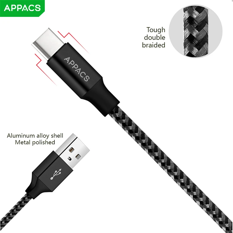 APPACS 2 шт Тип usb C кабель 2.4A Быстрый зарядный кабель для передачи данных для samsung S8 huawei P10/9 Xiaomi USB-C быстрое зарядное устройство для передачи данных кабель 1м 2М