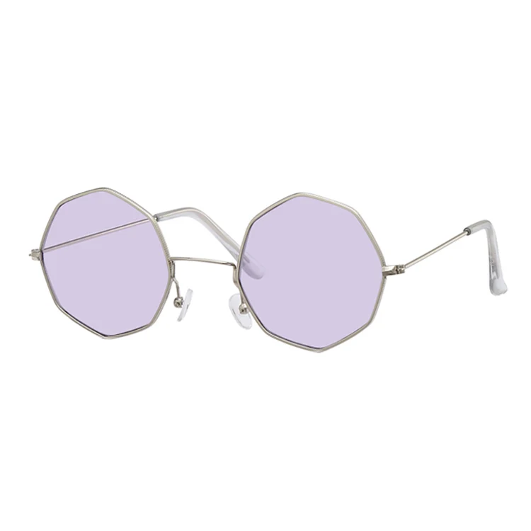 Модные яркие цветные солнцезащитные очки для женщин, фирменный дизайн, шестиугольник, женские зеркальные солнцезащитные очки, прозрачные линзы, очки, прозрачные, Oculos De Sol - Цвет линз: Silver Purple